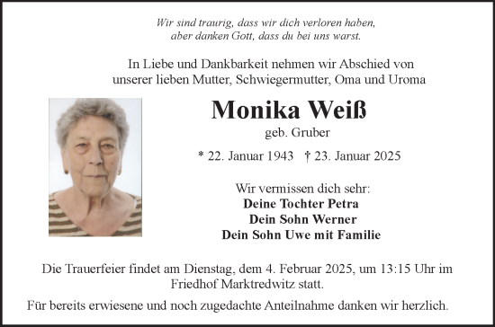 Traueranzeige von Monika Weiß von Frankenpost