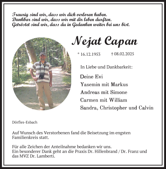 Traueranzeige von Nejat Capan von Neue Presse Coburg