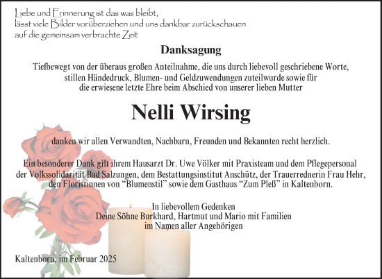 Traueranzeige von Nelli Wirsing von Südthüringer Presse