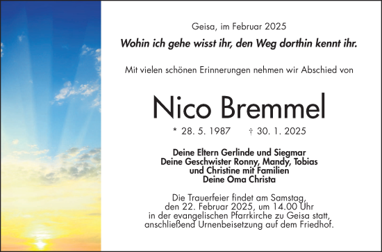 Traueranzeige von Nico Bremmel von Südthüringer Presse