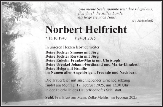 Traueranzeige von Norbert Helfricht von Südthüringer Presse