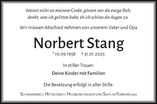 Traueranzeige von Norbert Stang von Südthüringer Presse