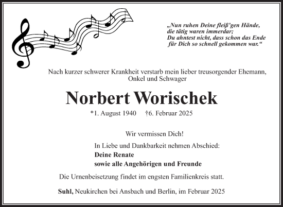 Traueranzeige von Norbert Worischek von Südthüringer Presse