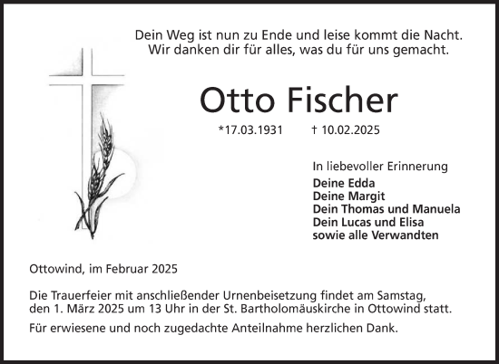 Traueranzeige von Otto Fischer von Neue Presse Coburg