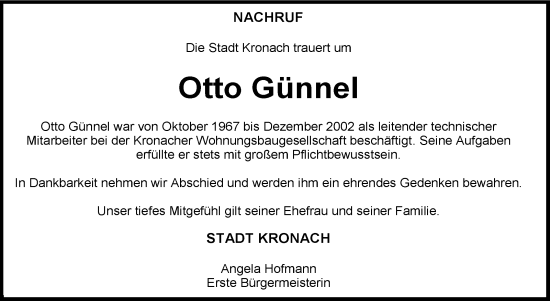Traueranzeige von Otto Günnel von Neue Presse Coburg