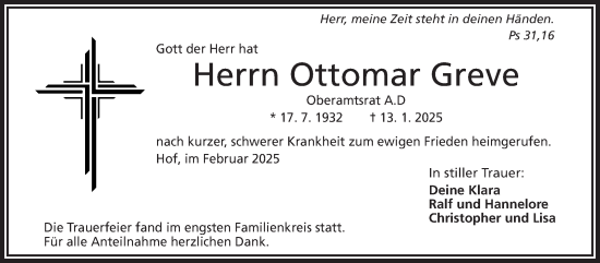 Traueranzeige von Ottomar Greve von Frankenpost