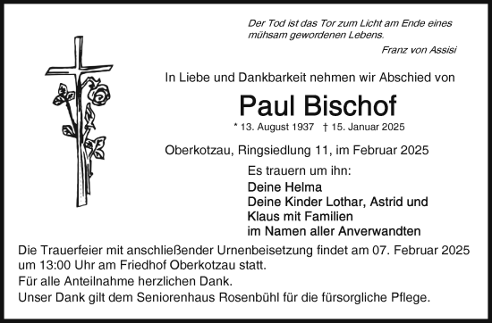 Traueranzeige von Paul Bischof von Frankenpost