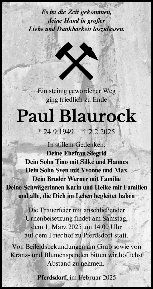 Traueranzeige von Paul Blaurock von Südthüringer Presse
