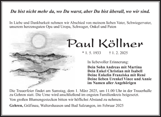 Traueranzeige von Paul Köllner von Südthüringer Presse