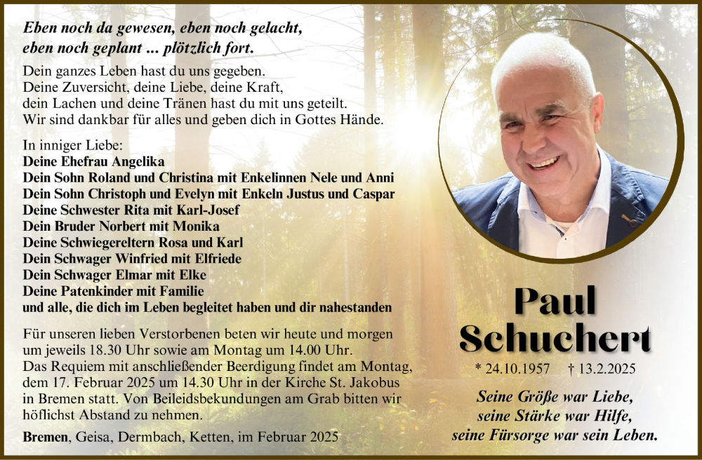  Traueranzeige für Paul Schuchert vom 15.02.2025 aus Südthüringer Presse
