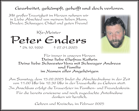 Traueranzeige von Peter Enders von Südthüringer Presse