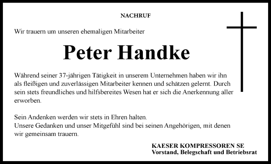 Traueranzeige von Peter Handke von Neue Presse Coburg
