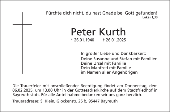 Traueranzeige von Peter Kurth von Südthüringer Presse