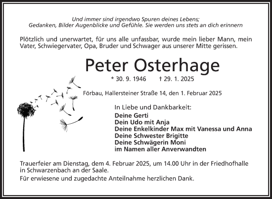 Traueranzeige von Peter Osterhage von Frankenpost