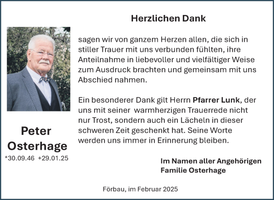 Traueranzeige von Peter Osterhage von Frankenpost