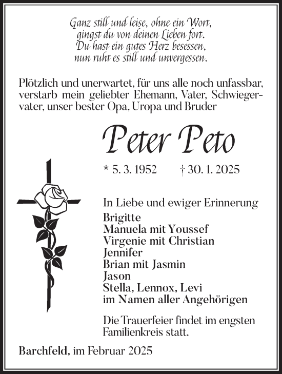 Traueranzeige von Peter Peto von Südthüringer Presse