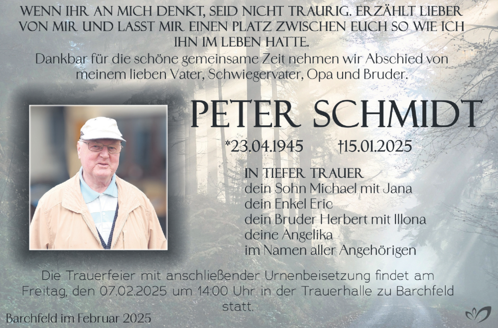  Traueranzeige für Peter Schmidt vom 01.02.2025 aus Südthüringer Presse