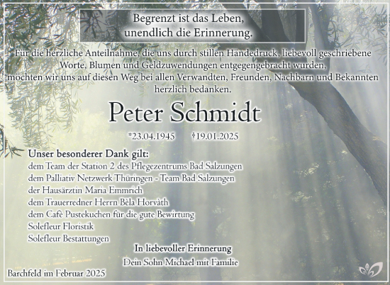 Traueranzeige von Peter Schmidt von Südthüringer Presse