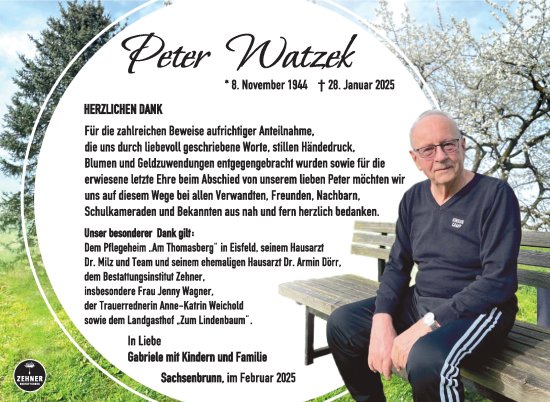 Traueranzeige von Peter Watzek von Südthüringer Presse