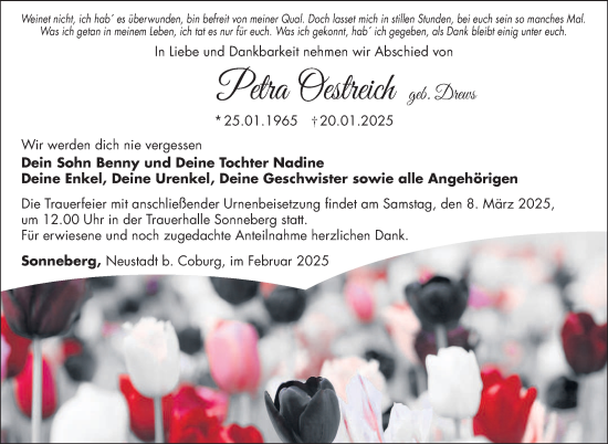 Traueranzeige von Petra Oestreich von Südthüringer Presse