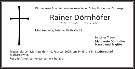 Traueranzeige von Rainer Dörnhöfer von Frankenpost