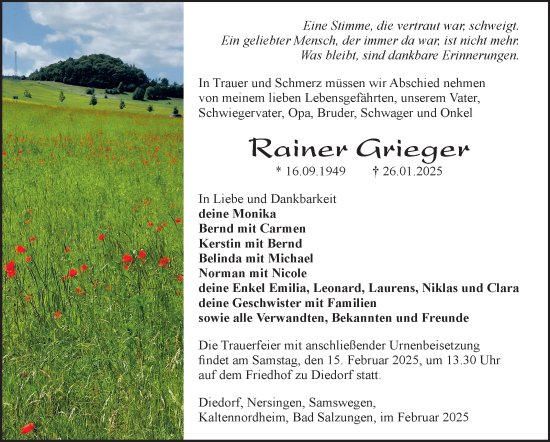 Traueranzeige von Rainer Grieger von Südthüringer Presse