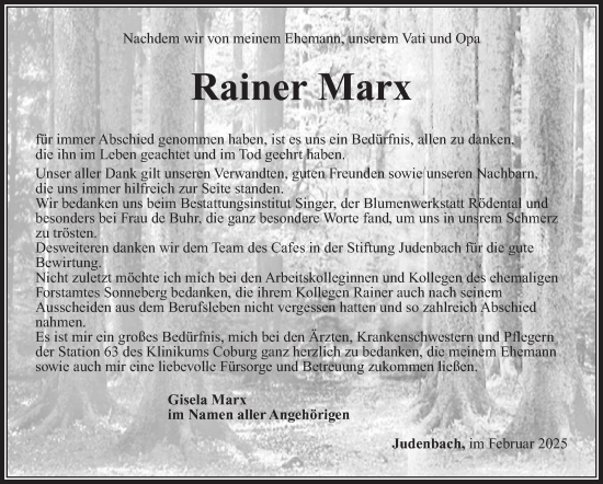 Traueranzeige von Rainer Marx von Südthüringer Presse