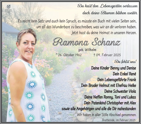 Traueranzeige von Ramona Schanz von Südthüringer Presse