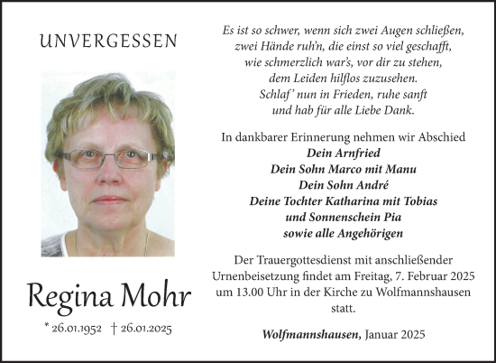 Traueranzeige von Regina Mohr von Südthüringer Presse