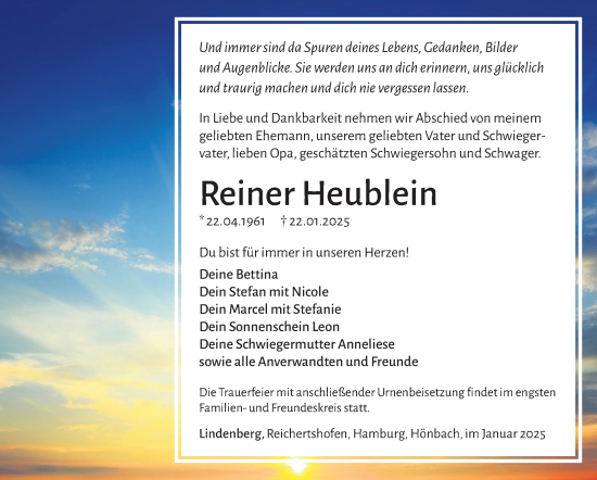 Traueranzeige von Reiner Heublein von Südthüringer Presse