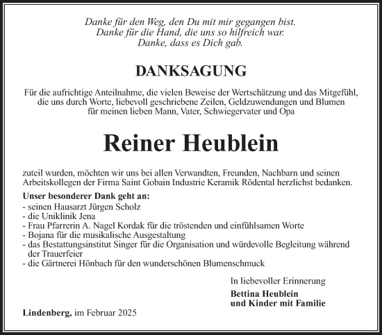 Traueranzeige von Reiner Heublein von Südthüringer Presse