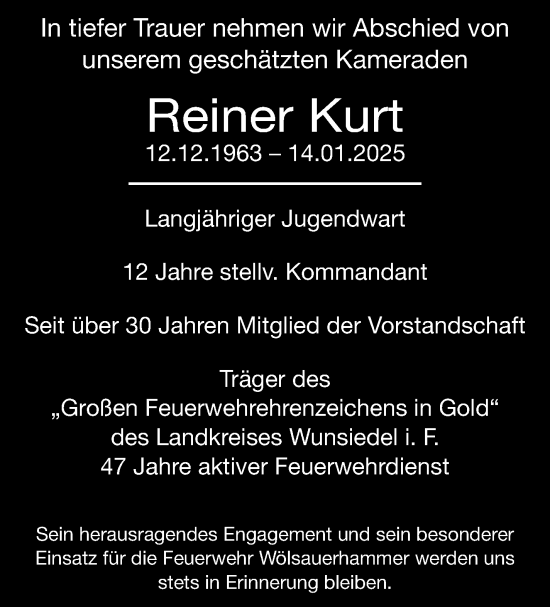 Traueranzeige von Reiner Kurt von Frankenpost