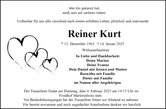 Traueranzeige von Reiner Kurt von Frankenpost