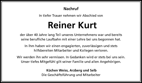 Traueranzeige von Reiner Kurt von Frankenpost