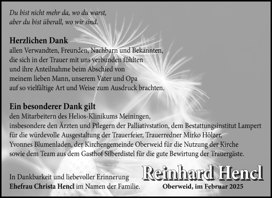 Traueranzeige von Reinhard Hencl von Südthüringer Presse