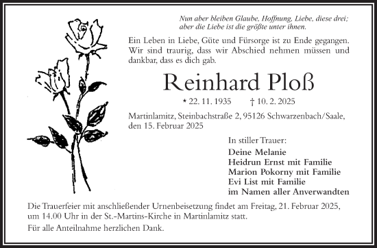 Traueranzeige von Reinhard Ploß von Frankenpost