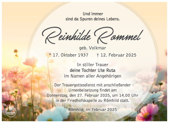 Traueranzeige von Reinhilde Rommel von Südthüringer Presse