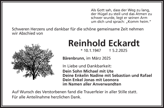 Traueranzeige von Reinhold Eckardt von Frankenpost