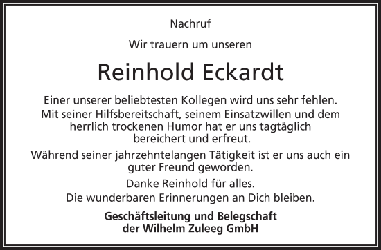 Traueranzeige von Reinhold Eckardt von Frankenpost