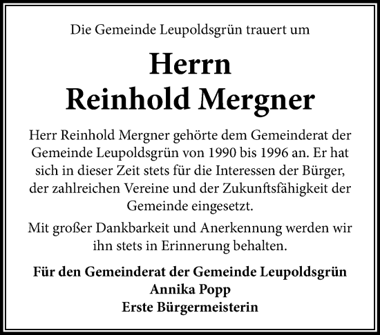 Traueranzeige von Reinhold Mergner von Frankenpost
