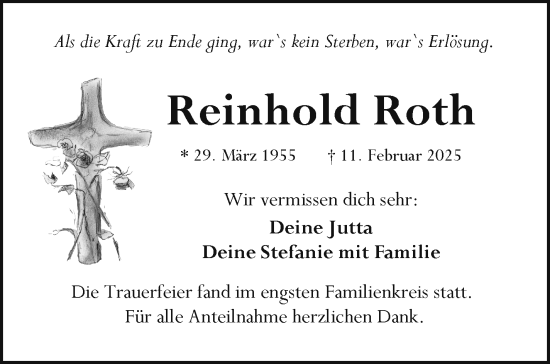 Traueranzeige von Reinhold Roth von Frankenpost