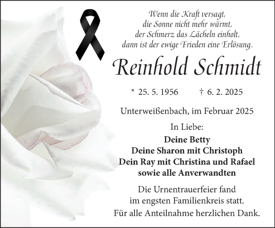 Traueranzeige von Reinhold Schmidt von Frankenpost