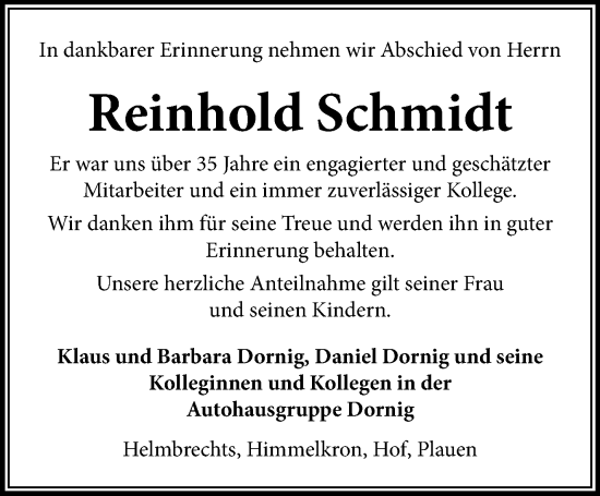 Traueranzeige von Reinhold Schmidt von Frankenpost