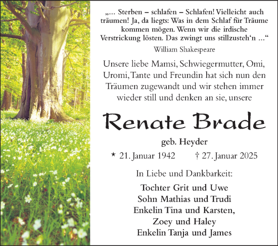 Traueranzeige von Renate Brade von Südthüringer Presse