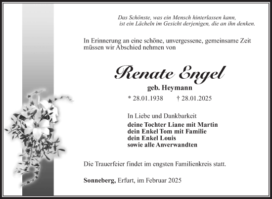 Traueranzeige von Renate Engel von Südthüringer Presse