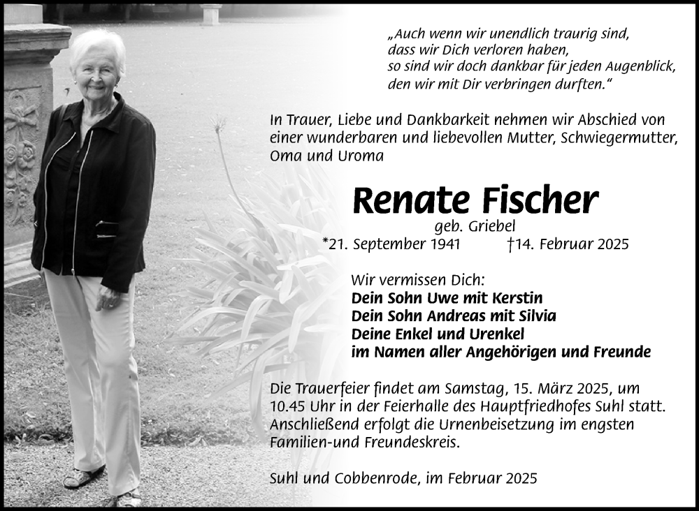  Traueranzeige für Renate Fischer vom 22.02.2025 aus Südthüringer Presse