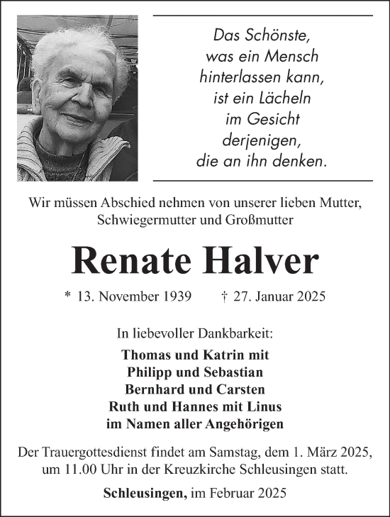 Traueranzeige von Renate Halver von Südthüringer Presse