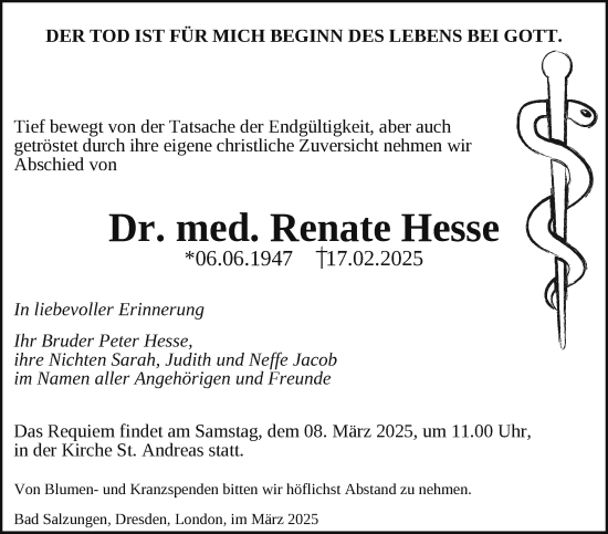 Traueranzeige von Renate Hesse von Südthüringer Presse