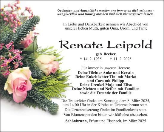 Traueranzeige von Renate Leipold von Südthüringer Presse