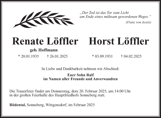 Traueranzeige von Renate Löffler von Südthüringer Presse